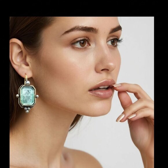 Blue Intaglio Glass Pearl Gold Plated Pierced 1.5 Inch Earrings Vintage Style - Picture 2 of 6